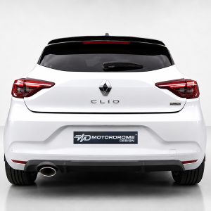 A-460_3jpg - OPSHOLDERS Rear view of a white Renault Clio hatchback showing the Renault badge, dark rear window, and a MotorDrome Design plate on the bumper.