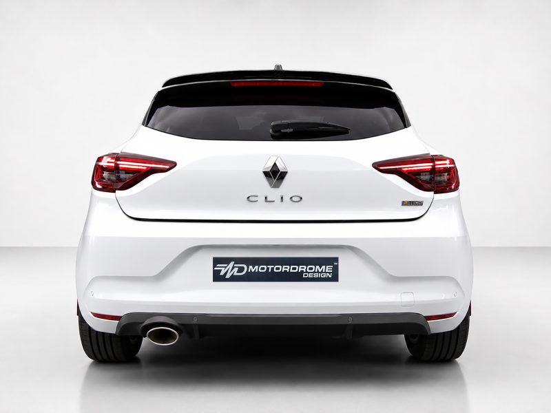 A-460_3jpg - OPSHOLDERS Rear view of a white Renault Clio hatchback showing the Renault badge, dark rear window, and a MotorDrome Design plate on the bumper.