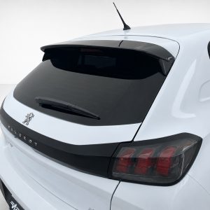 White Peugeot hatchback rear view featuring a rear wiper, small spoiler, antenna, and distinctive taillights.