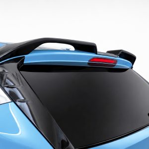 Blue sports hatchback rear end with a black spoiler and tinted rear window, viewed from the back-right corner with a rear wiper visible in the lower right edge.