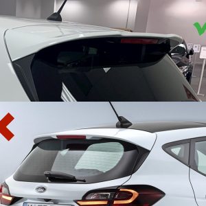 A-476_7jpg - OPSHOLDERS Two-panel comparison: top shows a white hatchback with rear spoiler and dark window, green check indicating correct example; bottom shows a similar car with misaligned rear window and spoiler, red X indicating incorrect example.