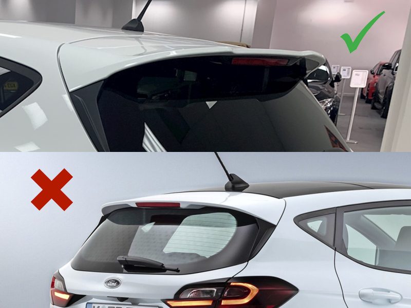 A-476_7jpg - OPSHOLDERS Two-panel comparison: top shows a white hatchback with rear spoiler and dark window, green check indicating correct example; bottom shows a similar car with misaligned rear window and spoiler, red X indicating incorrect example.