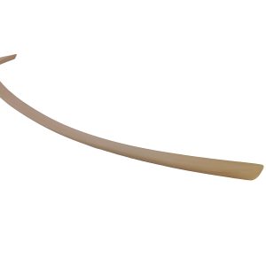 Curved beige plastic strip with tapered ends, bending in a wide arc across the image