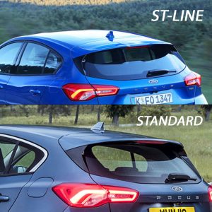 A-479_6jpg - OPSHOLDERS Top panel: blue Ford Focus ST-Line seen from rear three-quarter, driving on a road with 'ST-LINE' and a green check mark. Bottom panel: blue Ford Focus (Standard) with a red X, indicating not the ST-Line.