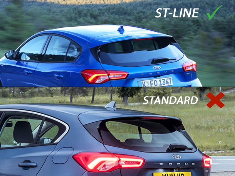 A-479_6jpg - OPSHOLDERS Top panel: blue Ford Focus ST-Line seen from rear three-quarter, driving on a road with 'ST-LINE' and a green check mark. Bottom panel: blue Ford Focus (Standard) with a red X, indicating not the ST-Line.