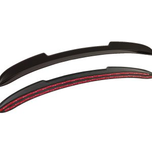 A-481_4jpg - OPSHOLDERS Pair of curved car window visors with red adhesive strips along the underside, designed for rain protection and ventilation.