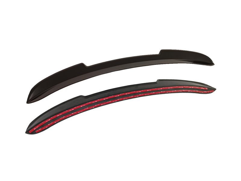 A-481_4jpg - OPSHOLDERS Pair of curved car window visors with red adhesive strips along the underside, designed for rain protection and ventilation.