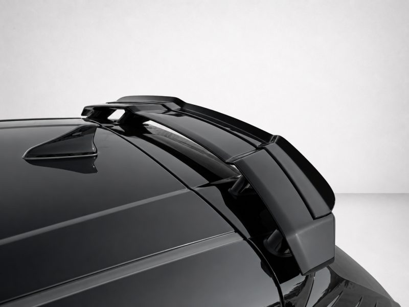 Close-up of a glossy black car rear spoiler mounted on the trunk, against a neutral backdrop.