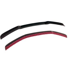Pair of automotive windshield wiper blades, one black and one red-striped, shown curved for fit on a vehicle windshield