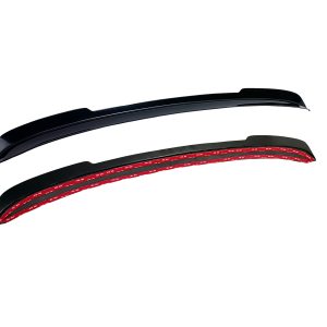 Pair of curved car window rain visors, one black and one with a red inner layer, designed to fit over side windows to block rain and wind