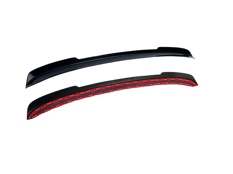 Pair of curved car window rain visors, one black and one with a red inner layer, designed to fit over side windows to block rain and wind