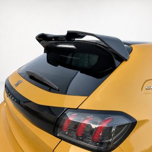 Yellow hatchback rear with black roof spoiler, rear wiper, and GT Line badge.