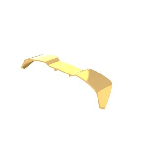 Gold-colored 3D-rendered curved abstract sculpture resembling a segmented bridge on a white background.