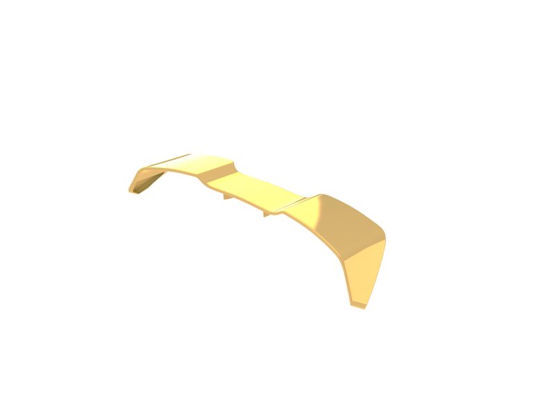 Gold-colored 3D-rendered curved abstract sculpture resembling a segmented bridge on a white background.
