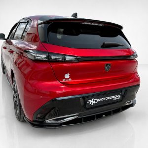 A-492_2jpg - OPSHOLDERS Rear three-quarter view of a red Peugeot 308 hatchback with a black roof spoiler and an Apple logo sticker on the trunk.