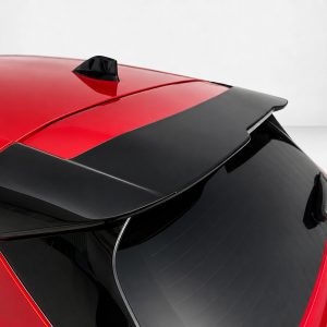 A-492_3jpg - OPSHOLDERS Red car rear deck with a black spoiler and curved rear window, viewed from above (top-down perspective)