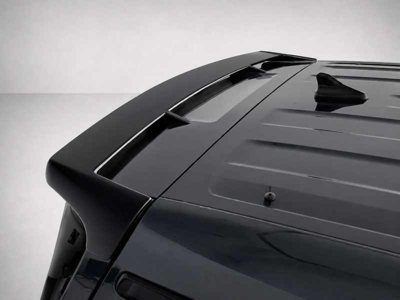 Close-up of the dark car roof showing a rear spoiler and antenna on a glossy surface.