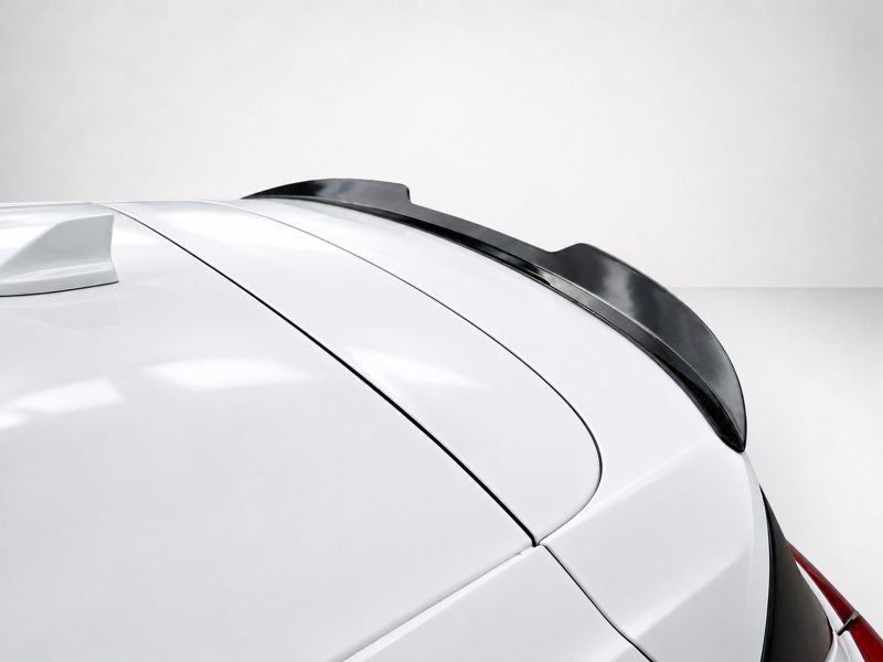 A-497_4jpg - OPSHOLDERS White car with a black rear spoiler viewed from above for a close-up detail focus on the spoiler