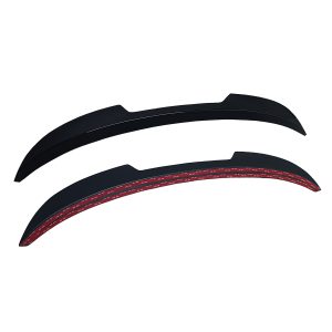 A-497_7jpg - OPSHOLDERS Pair of curved black automotive trim pieces with a red inner surface, likely window visors or spoilers for a car, shown against a white background.