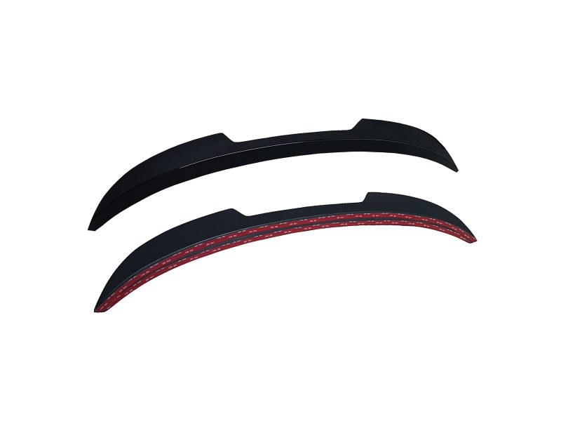 A-497_7jpg - OPSHOLDERS Pair of curved black automotive trim pieces with a red inner surface, likely window visors or spoilers for a car, shown against a white background.
