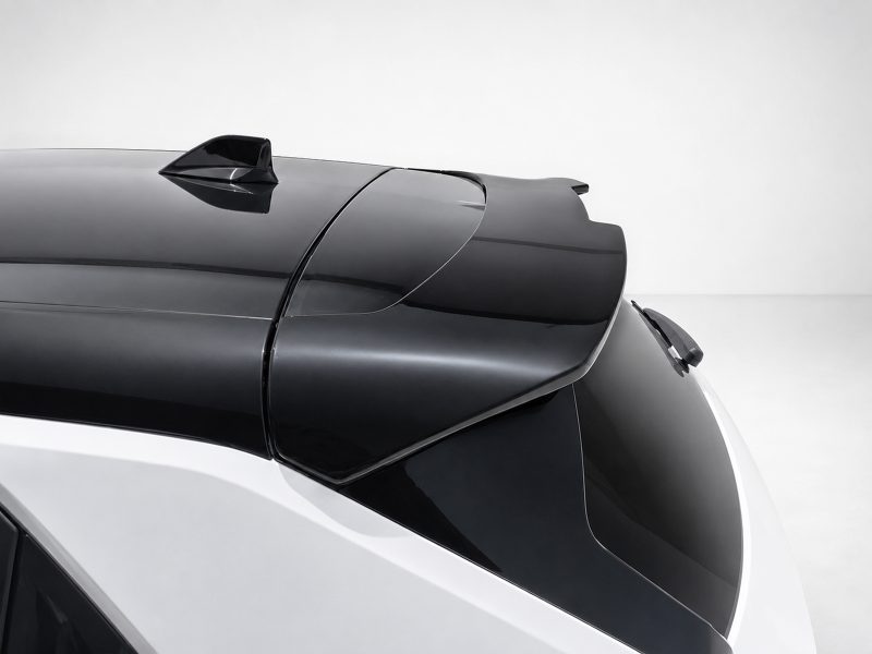 A-501_3jpg - OPSHOLDERS Close-up of a glossy black car roof with a shark-fin antenna and a rear spoiler visible at the back edge of the roof surface.