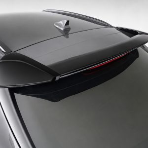 Close-up of a silver car roof with a rear spoiler and small antenna on top.