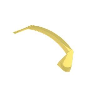 Yellow curved plastic strip with a triangular end on a white background.