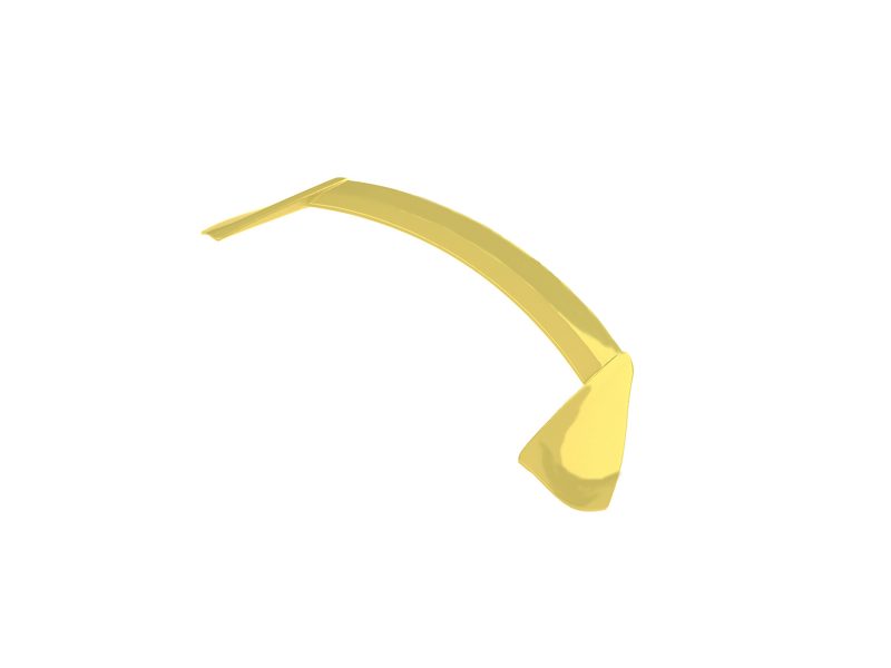 Yellow curved plastic strip with a triangular end on a white background.