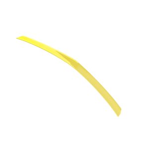 Curved yellow plastic strip across a white background, diagonal orientation.