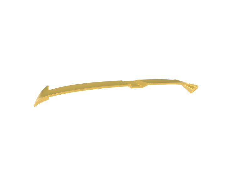 Golden elongated decorative sculpture with curved body and pointed, wing-like ends.