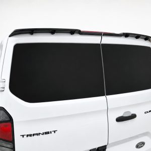 Rear view of a white Ford Transit Custom van with dark, tinted rear windows and a roof rack on top central trim lines visible on the sides of the back doors.