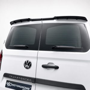 Rear view of a white VW Transporter van with split rear doors, rear windows, wipers, and roof rails.