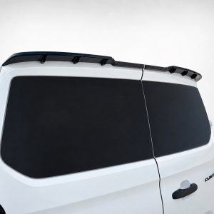 White cargo van rear side with black-tinted windows and a small roof spoiler along the top edge.