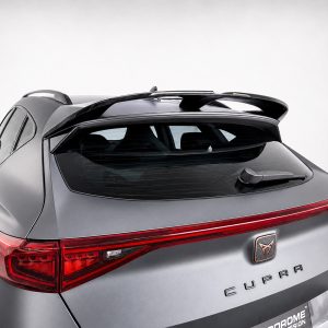 Rear view of a gray CUPRA SUV, highlighting the spoiler, tail lights, and rear window wiper.