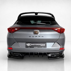 Rear view of a gray Cupra SUV with red taillights and a roof spoiler and MD MotorDrome plate
