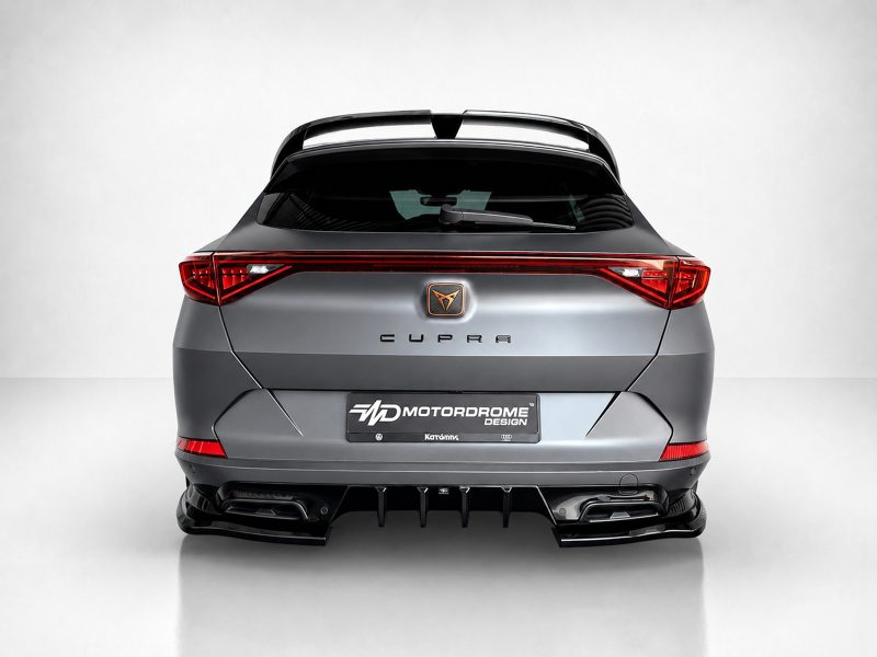 Rear view of a gray Cupra SUV with red taillights and a roof spoiler and MD MotorDrome plate