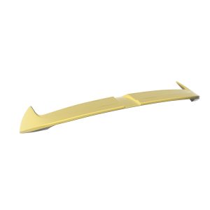 Yellow hydrofoil wing component laid flat, showing a long curved blade with a small fin at the trailing end