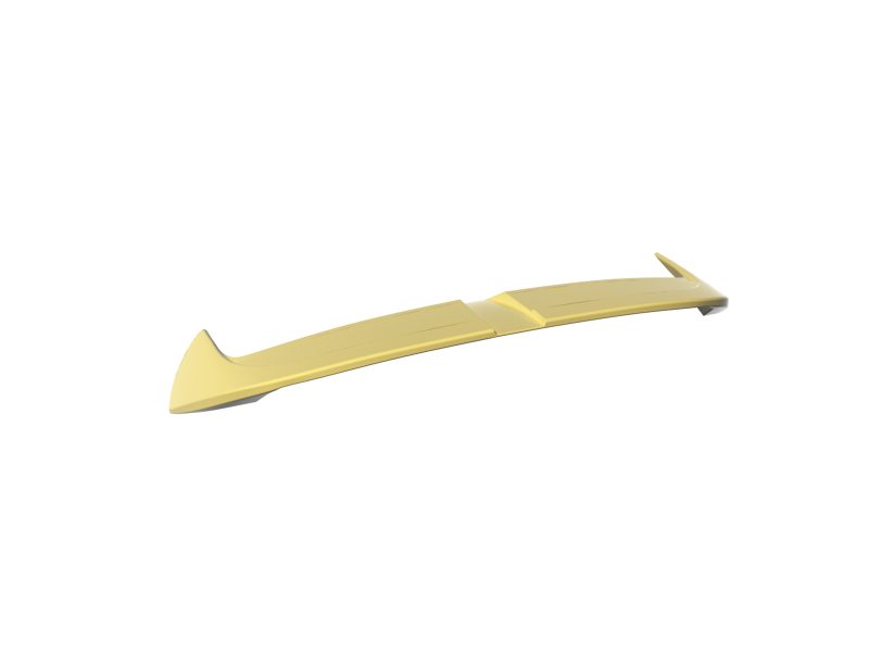 Yellow hydrofoil wing component laid flat, showing a long curved blade with a small fin at the trailing end