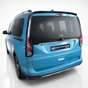 A-516_2jpg - OPSHOLDERS Blue Ford Tourneo van shown from rear three-quarter view in a bright studio setting, blue finish with black rear window and chrome accents, 'MOTORODROME DESIGN' badge visible on tail