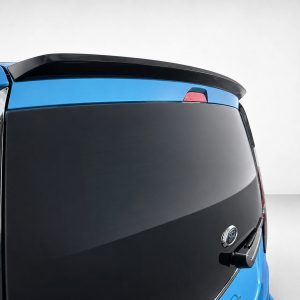 A-516_5jpg - OPSHOLDERS Rear view of a blue vehicle's back, showing a large dark rear window and a small black spoiler on the hatch.