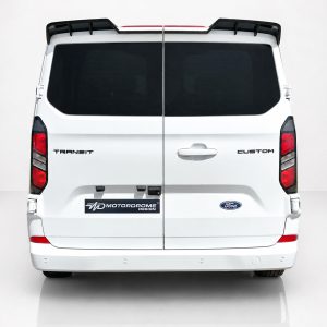 Rear view of a white Ford Transit Custom van with split doors, showing Transit and Custom badges and a Ford emblem on the tailgate.
