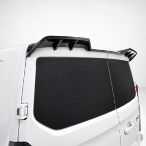 White cargo van seen from behind with a black aerodynamic roof spoiler above the rear window and dark-tinted rear window