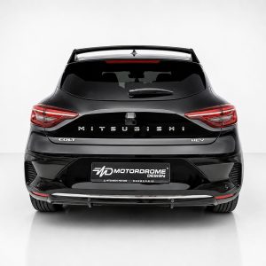 A-520_3jpg - OPSHOLDERS Rear view of a glossy black Mitsubishi Colt HEV SUV with a Motordrome Design plate, in a studio setting