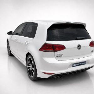 A-521_2jpg - OPSHOLDERS Rear-left view of a white Volkswagen Golf hatchback in a clean studio setting with glossy floor and tinted windows
