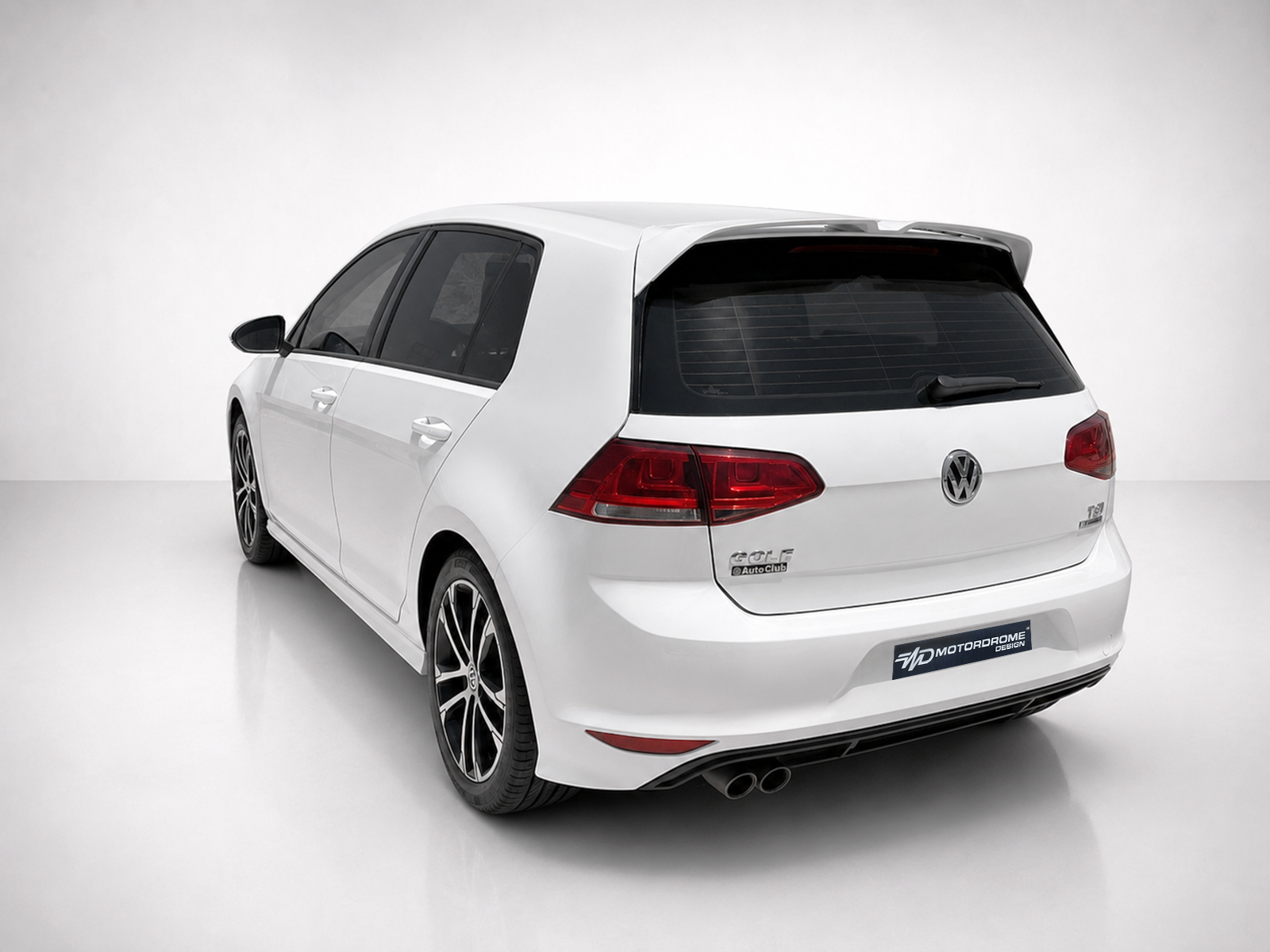 A-521_2jpg - OPSHOLDERS Rear-left view of a white Volkswagen Golf hatchback in a clean studio setting with glossy floor and tinted windows
