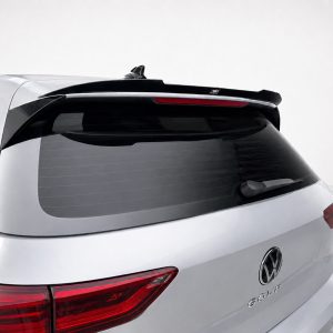 Rear view of a silver Volkswagen SUV showing tail lights, rear window, wiper and roof spoiler
