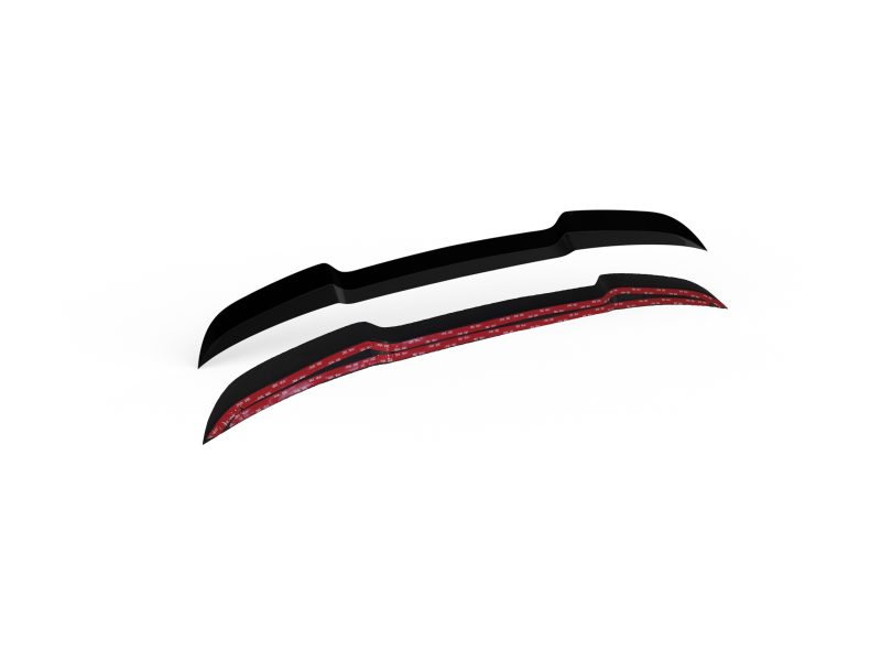 Two black curved aero fins with red carbon fiber undersides on a white background, placed parallel.