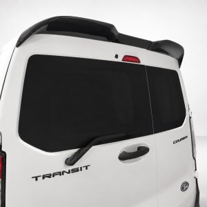 Rear view of a white Ford Transit van with black-tinted rear doors and roof spoiler, showing the rear window and wiper edge.