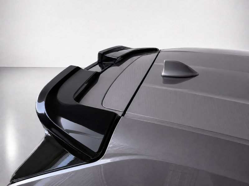 A-536_5jpg - OPSHOLDERS Close-up of a metallic gray car roof featuring a rear spoiler and integrated antenna.