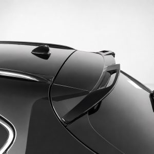 Close-up of a glossy vintage car hood with chrome trim and a rear spoiler detectible in silhouette.